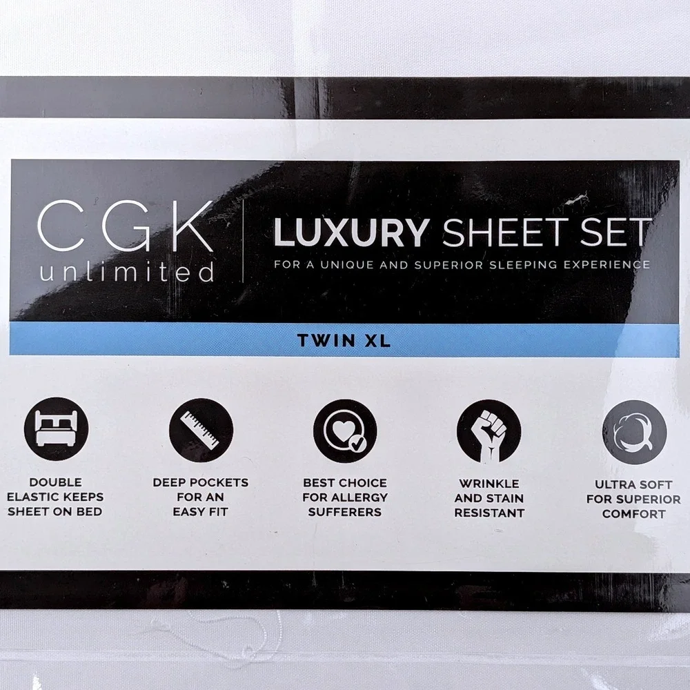 CGK Unlimited Luxury Sheet Set Twin XL 3PC White Deep Pocket Wrinkle Resistant